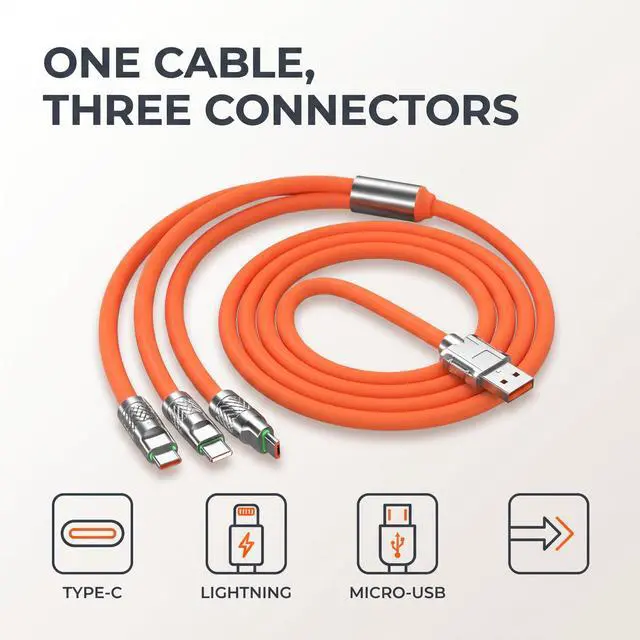 Alt view image 3 of 7 - Calsgkspray 2Pcs Orange 3 in 1 Multi USB Cable 100W Multi Charger Cable Fast Charging Cable to Various Mobile Phones with Type-C/Android/Charging Ports 2m/78.7inch Multiple Charging Cord
