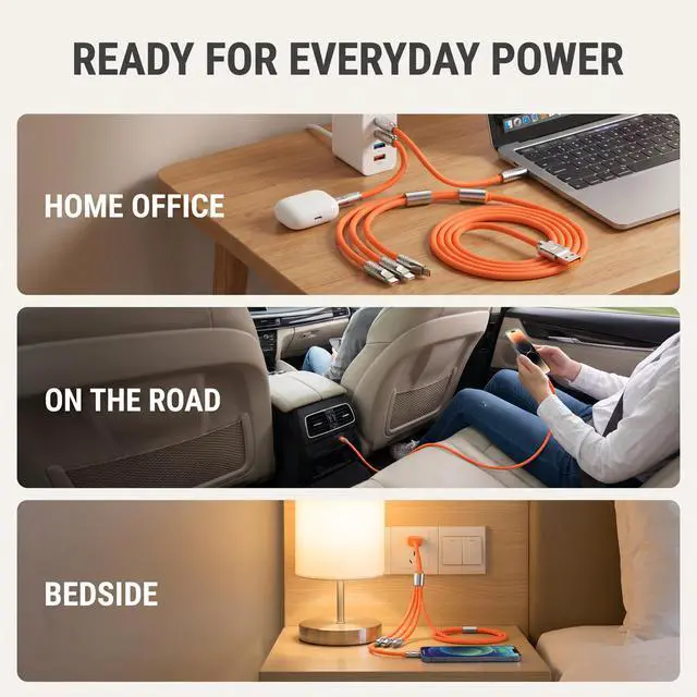 Alt view image 5 of 7 - Calsgkspray 2Pcs Orange 3 in 1 Multi USB Cable 100W Multi Charger Cable Fast Charging Cable to Various Mobile Phones with Type-C/Android/Charging Ports 2m/78.7inch Multiple Charging Cord