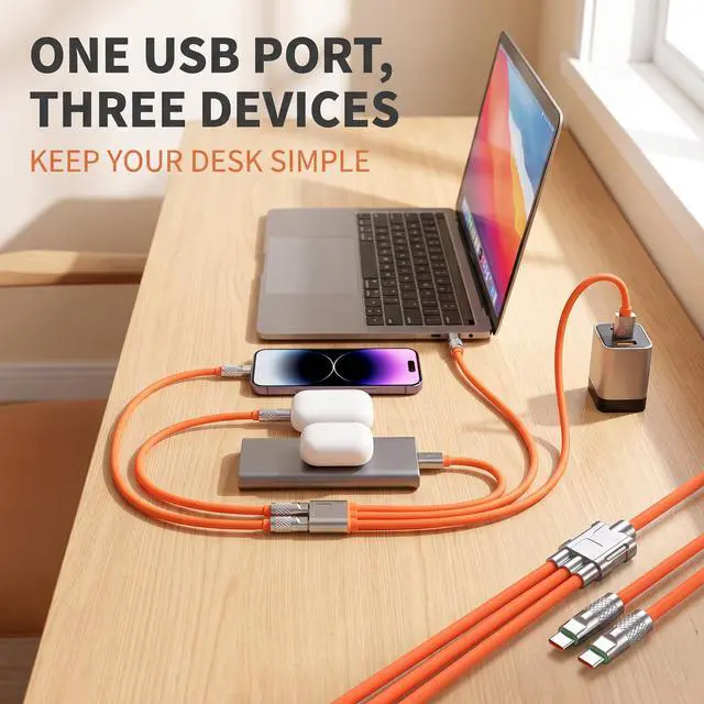 Alt view image 7 of 7 - Calsgkspray 2Pcs Orange 3 in 1 Multi USB Cable 100W Multi Charger Cable Fast Charging Cable to Various Mobile Phones with Type-C/Android/Charging Ports 2m/78.7inch Multiple Charging Cord