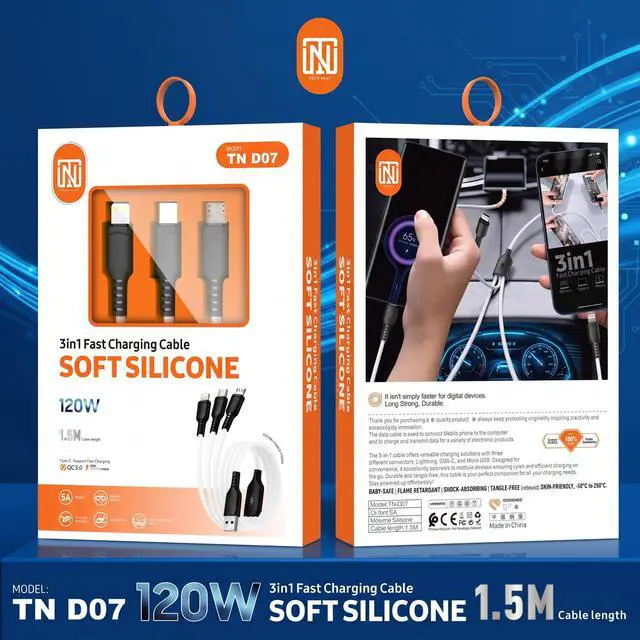 Alt view image 2 of 7 - TECH NEST 3 in 1 Charger - Multi Charging Cable with USB C, Lightning USB - Multi Charger Cable Fast Charging for iPhone, Android, Type C Devices - 1.5 Meter