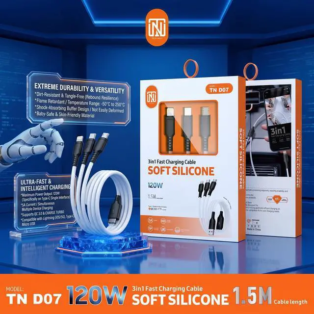 Alt view image 3 of 7 - TECH NEST 3 in 1 Charger - Multi Charging Cable with USB C, Lightning USB - Multi Charger Cable Fast Charging for iPhone, Android, Type C Devices - 1.5 Meter