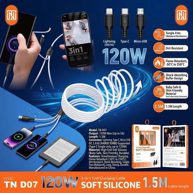 Alt view image 5 of 7 - TECH NEST 3 in 1 Charger - Multi Charging Cable with USB C, Lightning USB - Multi Charger Cable Fast Charging for iPhone, Android, Type C Devices - 1.5 Meter