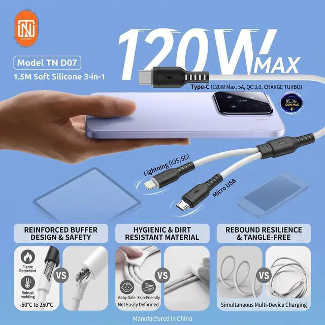 Alt view image 7 of 7 - TECH NEST 3 in 1 Charger - Multi Charging Cable with USB C, Lightning USB - Multi Charger Cable Fast Charging for iPhone, Android, Type C Devices - 1.5 Meter