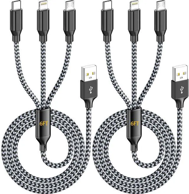 Main image of Multi Charging Cable 6FT 2Pack 3 in 1 Long Apple MFi Certified Cable | Fast Charger Cord Lightning USB-C Micro Nylon Braided Universal Phone Charger for iPhone17-5 iPad Android Devices