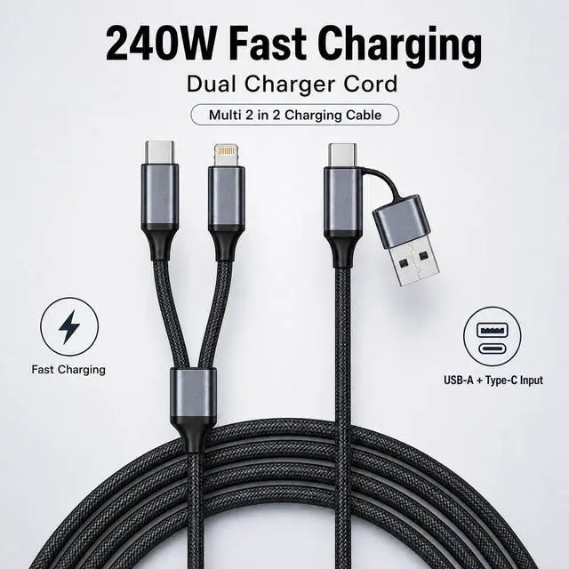 Alt view image 2 of 6 - Multi Charging Cable Braided Fast Charging Cord, USB A & USB C Input, Dual Output L & Type C Multi Charger Cable for iPhone Android Samsung Tablet