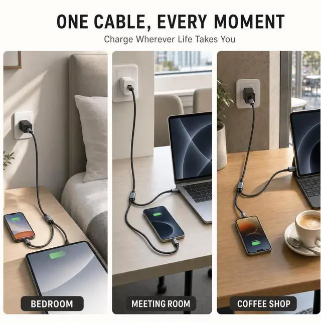 Alt view image 6 of 6 - Multi Charging Cable Braided Fast Charging Cord, USB A & USB C Input, Dual Output L & Type C Multi Charger Cable for iPhone Android Samsung Tablet