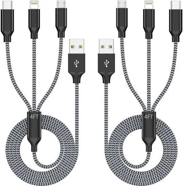 Main image of 3 in 1 Multi Charging Cable 4ft 2Pack,MFi Certified fast charger cord | charging cords for multiple devices with Lightning, Type C and Micro USB for iPhone 17-5, Android and Travel Essentials