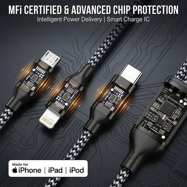 Alt view image 4 of 7 - 3 in 1 Multi Charging Cable 4ft 2Pack,MFi Certified fast charger cord | charging cords for multiple devices with Lightning, Type C and Micro USB for iPhone 17-5, Android and Travel Essentials