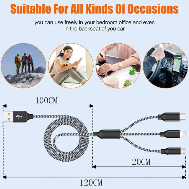 Alt view image 5 of 7 - 3 in 1 Multi Charging Cable 4ft 2Pack,MFi Certified fast charger cord | charging cords for multiple devices with Lightning, Type C and Micro USB for iPhone 17-5, Android and Travel Essentials