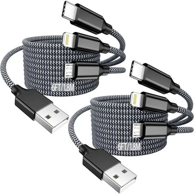 Main image of KHNJDQ Long Multi Charging Cable,USB Universal Charger,2Pack 6ft Car Cord | Multi device cable with Lightning Type C Micro USB for iPhone Android Samsung tablets fast charge shared daily backup ready
