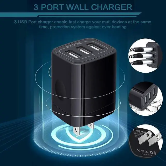 Alt view image 2 of 6 - Wall Charger Plug, USB Charger Cube, AILKIN 3.1A 3-Muti Port USB Adapter | Power Plug Charging Station Box Black Base for iPhone 17 16 15 14 13 12 11 Pro Max/SE, Samsung Galaxy Phones Charge Block