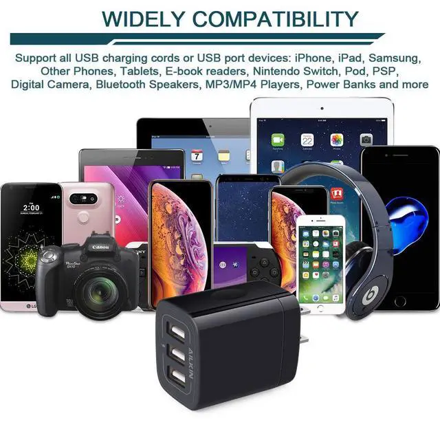 Alt view image 6 of 6 - Wall Charger Plug, USB Charger Cube, AILKIN 3.1A 3-Muti Port USB Adapter | Power Plug Charging Station Box Black Base for iPhone 17 16 15 14 13 12 11 Pro Max/SE, Samsung Galaxy Phones Charge Block