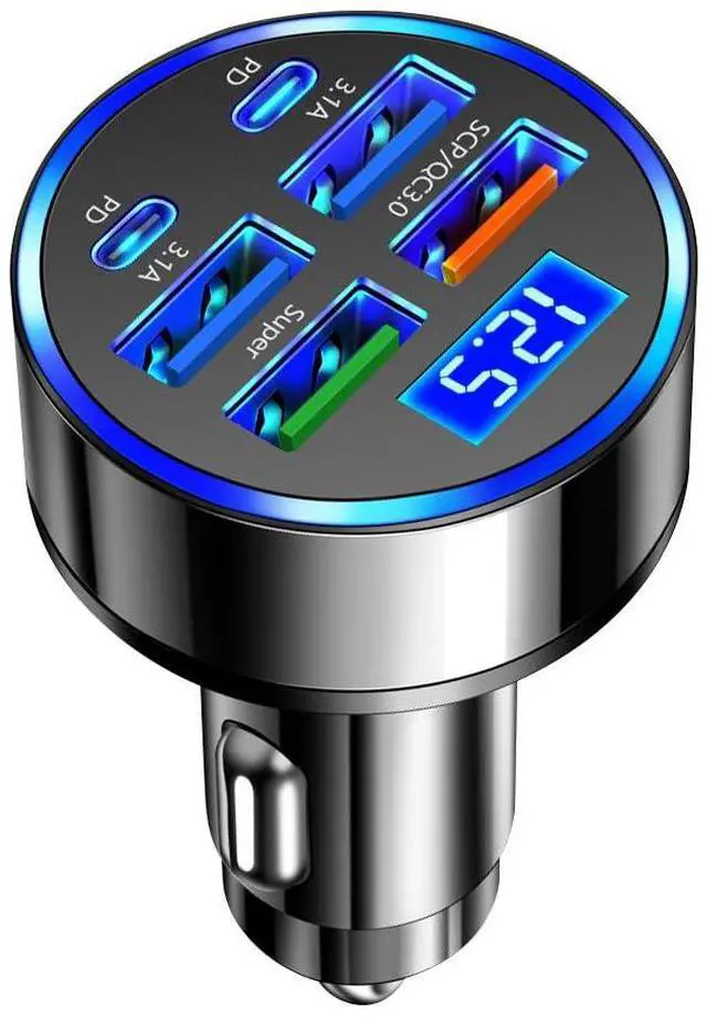 Main image of Car Charger USB C with LED Voltage Display,6 Ports PD and QC3.0 Car Cigarette Lighter Adapter for Phone Tablets Fans,Universal 12V/24V Cigarette Lighter USB Charger
