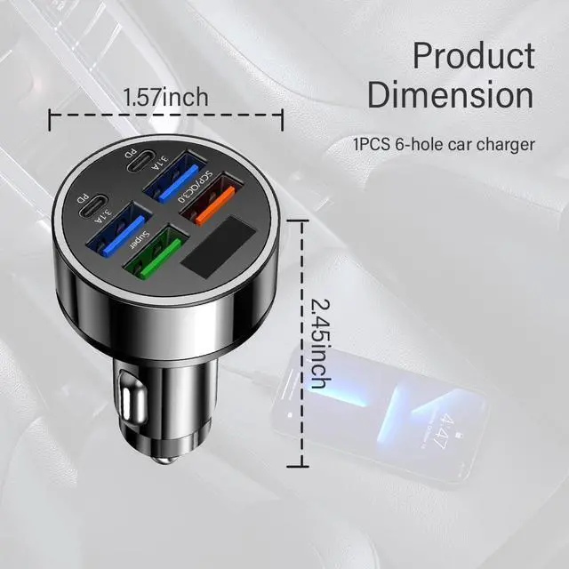 Alt view image 2 of 7 - Car Charger USB C with LED Voltage Display,6 Ports PD and QC3.0 Car Cigarette Lighter Adapter for Phone Tablets Fans,Universal 12V/24V Cigarette Lighter USB Charger