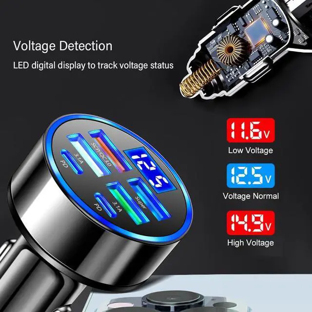 Alt view image 3 of 7 - Car Charger USB C with LED Voltage Display,6 Ports PD and QC3.0 Car Cigarette Lighter Adapter for Phone Tablets Fans,Universal 12V/24V Cigarette Lighter USB Charger