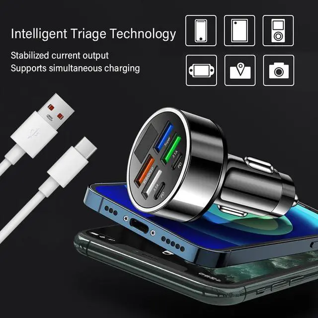 Alt view image 5 of 7 - Car Charger USB C with LED Voltage Display,6 Ports PD and QC3.0 Car Cigarette Lighter Adapter for Phone Tablets Fans,Universal 12V/24V Cigarette Lighter USB Charger