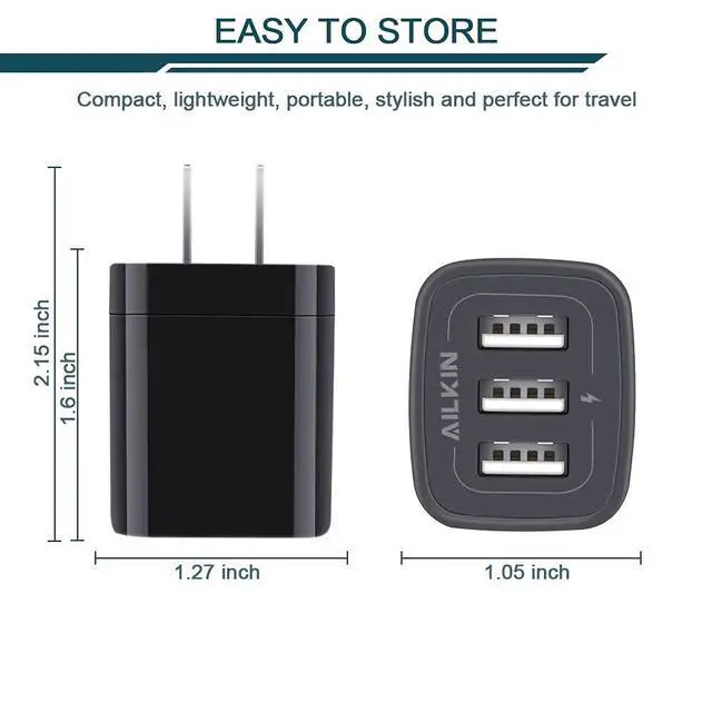 Alt view image 3 of 6 - Wall Charger Plug, USB Charger Cube, AILKIN 3.1A 3-Muti Port USB Adapter | Power Plug Charging Station Box Black Base for iPhone 17 16 15 14 13 12 11 Pro Max/SE, Samsung Galaxy Phones Charge Block