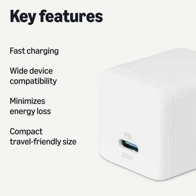 Alt view image 2 of 5 - Amazon Basics 20W Fast Charging USB-C Nano GaN Wall Charger, 1-Port PD 3.1 for iPhone, Samsung, iPad, Tablets, Phones, Travel-Friendly Size, White