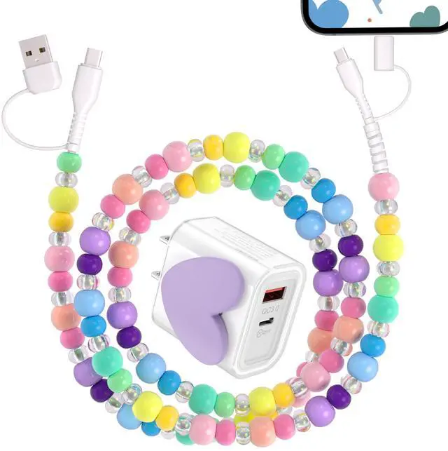 Main image of USB C Charger Block 25W 4 in 1 Multi Charging Cable Set, Dual Port Type C Charger Fast Charging USB Cell Phone Wall Charger PD USB-C & QC 3.0 USB-A Plug Adapter and Candy Color Beaded Charger Cable