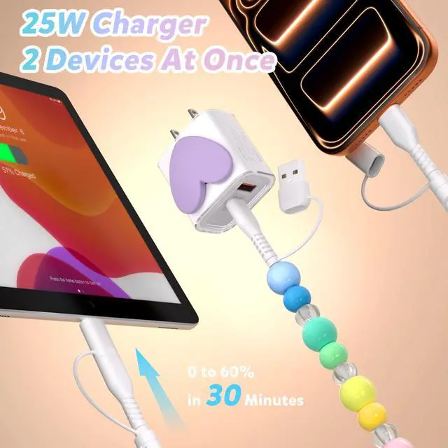 Alt view image 2 of 7 - USB C Charger Block 25W 4 in 1 Multi Charging Cable Set, Dual Port Type C Charger Fast Charging USB Cell Phone Wall Charger PD USB-C & QC 3.0 USB-A Plug Adapter and Candy Color Beaded Charger Cable