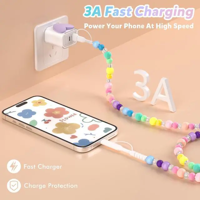 Alt view image 4 of 7 - USB C Charger Block 25W 4 in 1 Multi Charging Cable Set, Dual Port Type C Charger Fast Charging USB Cell Phone Wall Charger PD USB-C & QC 3.0 USB-A Plug Adapter and Candy Color Beaded Charger Cable