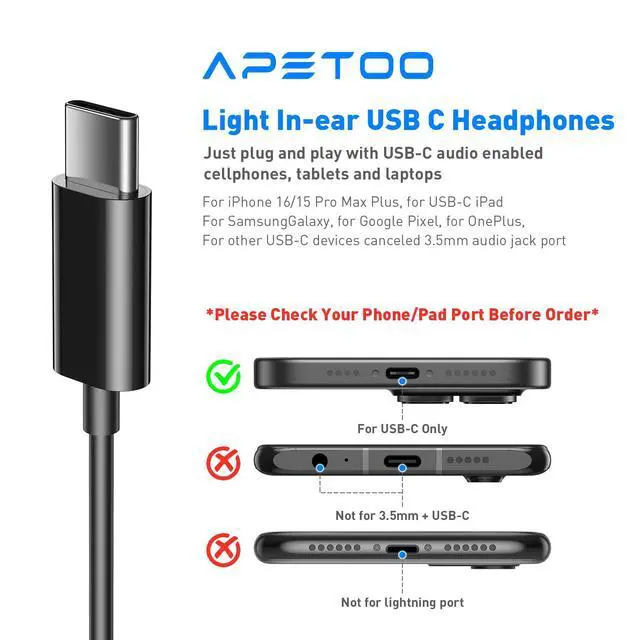 Alt view image 3 of 7 - APETOO USB C Headphones for iPhone 17 16 15 Pro Max, Wired Earbuds with Mic | Volume Control Stereo Type C In-ear Earphones for iPad Pro Galaxy S26 Ultra S25 S24 S23 S22 A17 A16 A55 Pixel 10 9 8