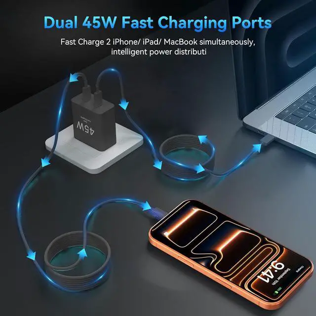 Alt view image 4 of 7 - 45W (35W+10W) Dual-Port Type C Fast Charger,Includes 4FT and 6FT Cables.