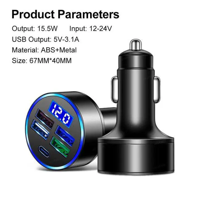 Alt view image 4 of 7 - 5 Port USB Car Charger(4USB+Type C) Compact Fast Charger Cigarette Lighter Adapter with LED&Voltage Monitor, Compatible with iPhone 14/Pro MacBook, iPad Pro/Air, Galaxy All Smart Phone(1Pcs
