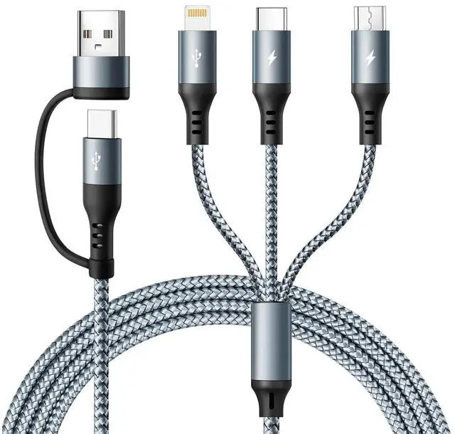 Main image of 3 in 2 Multi Charging Cable, USBA/C Universal Charger Cords 2 Pack 4FT | Nylon Braided Charger Cord with Lightning USB-C Micro Universal Phone Charging Cable for iPhone5-14 and Android Devices