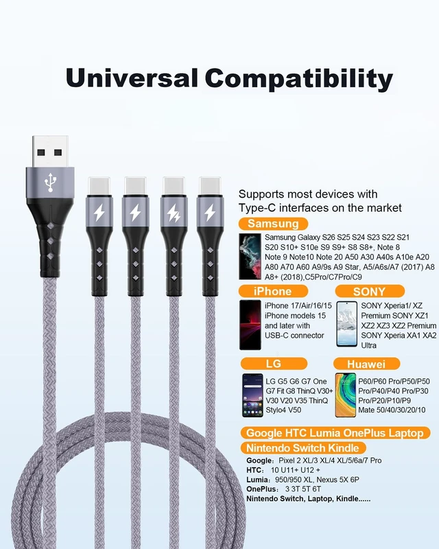 Alt view image 4 of 7 - Multi USB C Cable Fast Charging 4FT/2 Pack, 4 in 1 Charger Cord | QC 3.0(3A) USB C Splitter Cable with 4 Type C Ports for iPhone 17/16/15 Series, iPad Air/Pro, Samsung Galaxy S26, Pixel, PS5