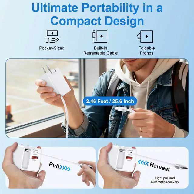 Alt view image 2 of 7 - for Samsung S26 Ultra Retractable Charger Block for Samsung Galaxy A37 A57 | A17 A36 S25 FE Edge, 3-in-1 35W Fast Charging iPhone 17 Pro Max Foldable Phone Charger Wall Plug with 2.46FT USB C Cable