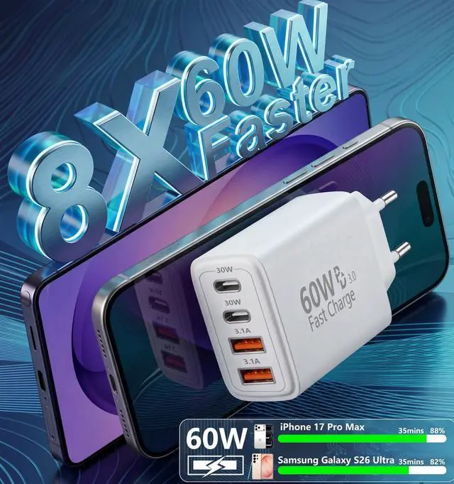 Alt view image 2 of 7 - European Travel Plug Adapter USB C, 60W 4-Port USA to Europe Fast Charging | 2 PD & 2 QC Multiport Europe Wall Charger Block Intl Travel Essentials Adapter for iPhone 17 16 15 14 Pro Max