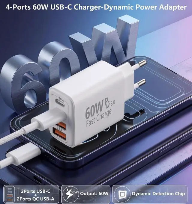Alt view image 5 of 7 - European Travel Plug Adapter USB C, 60W 4-Port USA to Europe Fast Charging | 2 PD & 2 QC Multiport Europe Wall Charger Block Intl Travel Essentials Adapter for iPhone 17 16 15 14 Pro Max