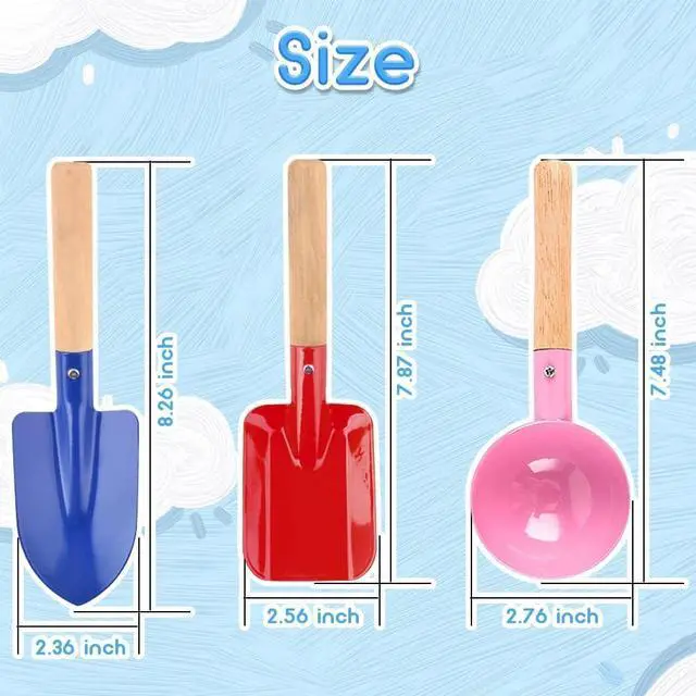 Alt view image 2 of 7 - UMUACCAN Beach Toys for Kids, 6Pcs 8'' Kids Gardening Tools Sand Toys Set, Metal Garden Tools with Sturdy Wooden Handle, Cylinder, Spoon, Fork, Rake, Flat & Pointed Shovel, Gifts for Children