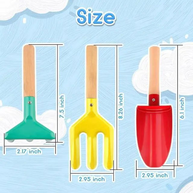 Alt view image 5 of 7 - UMUACCAN Beach Toys for Kids, 6Pcs 8'' Kids Gardening Tools Sand Toys Set, Metal Garden Tools with Sturdy Wooden Handle, Cylinder, Spoon, Fork, Rake, Flat & Pointed Shovel, Gifts for Children