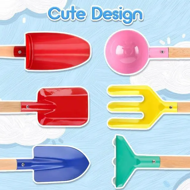 Alt view image 6 of 7 - UMUACCAN Beach Toys for Kids, 6Pcs 8'' Kids Gardening Tools Sand Toys Set, Metal Garden Tools with Sturdy Wooden Handle, Cylinder, Spoon, Fork, Rake, Flat & Pointed Shovel, Gifts for Children