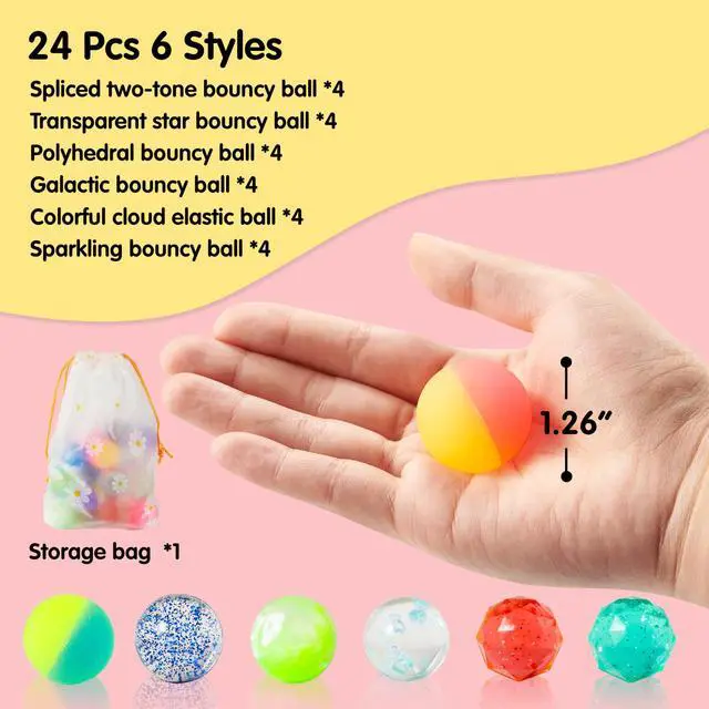 Alt view image 3 of 7 - JOYIN 24 PCS Multistyle Bouncy Balls, 6 Styles 32mm Assorted Bouncy Balls Bulk with Storage Bag, Bounce Toys for Kids Party Favors Birthdays Gifts Goodie Bags Stuffers Carnival Prizes