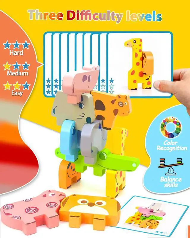 Alt view image 3 of 6 - Vaiheng Toys for Toddlers 1-3, Montessori Toys for 1 2 3 4 Year Old Boys & Girls, Toy Age 2-4 0-2 Kids Baby, 1 2 3 Year Old Girls Boys Gifts, Wooden Animal Blocks Stacking Education Puzzles Toy