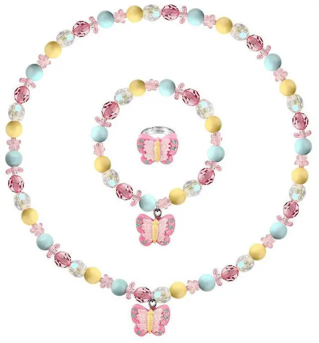 Main image of Msnailfly Butterfly Stretch Necklace Little Girl Toddler Necklace Bracelet Set, Little Princess Jewelry Kids Play Necklaces Butterfly Rings for Kids
