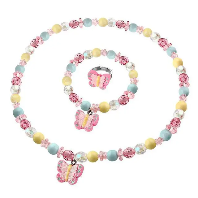 Alt view image 2 of 4 - Msnailfly Butterfly Stretch Necklace Little Girl Toddler Necklace Bracelet Set, Little Princess Jewelry Kids Play Necklaces Butterfly Rings for Kids