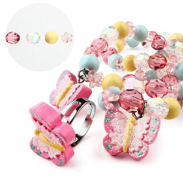 Alt view image 3 of 4 - Msnailfly Butterfly Stretch Necklace Little Girl Toddler Necklace Bracelet Set, Little Princess Jewelry Kids Play Necklaces Butterfly Rings for Kids
