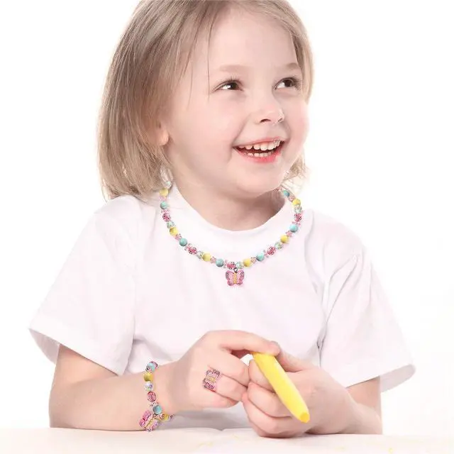 Alt view image 4 of 4 - Msnailfly Butterfly Stretch Necklace Little Girl Toddler Necklace Bracelet Set, Little Princess Jewelry Kids Play Necklaces Butterfly Rings for Kids