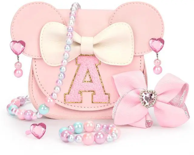 Main image of mibasies Toddler Purse Gifts for Girls, Toys Purse Set, Pink A | Personalized Letter Patch, Adjustable Strap, Wear-resistant, Fits Snacks & Sunglasses, Gift for Girls 3-8