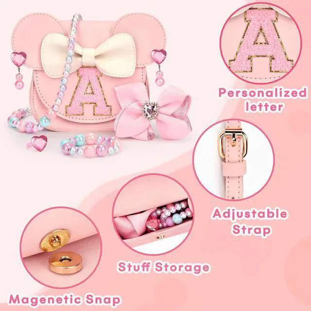 Alt view image 6 of 7 - mibasies Toddler Purse Gifts for Girls, Toys Purse Set, Pink A | Personalized Letter Patch, Adjustable Strap, Wear-resistant, Fits Snacks & Sunglasses, Gift for Girls 3-8