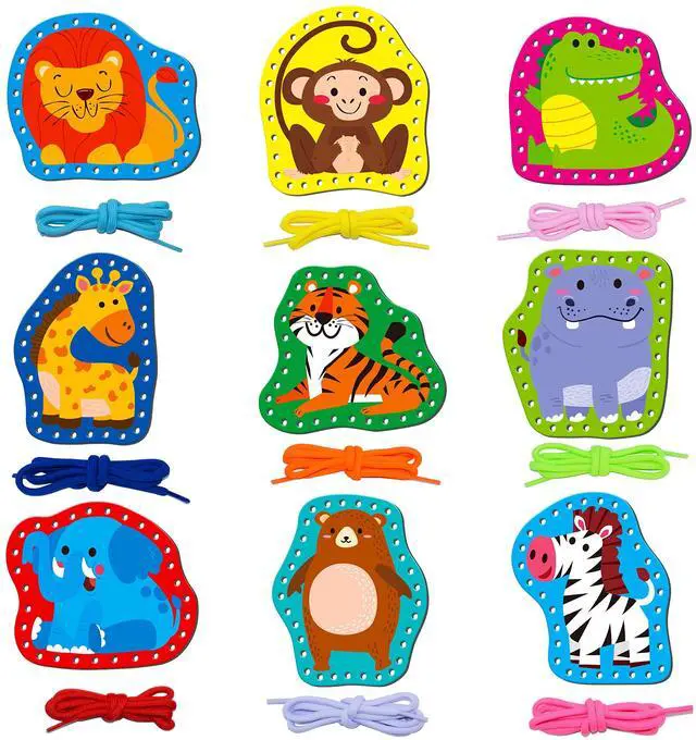 Main image of SpriteGru 9 Pieces Kids Lacing Cards, Double Sided Sewing Cards in 9 Wild Animals with 9 Colorful Laces, Imagination Development Lacing Toys Games for Children Educational and Learning Activity