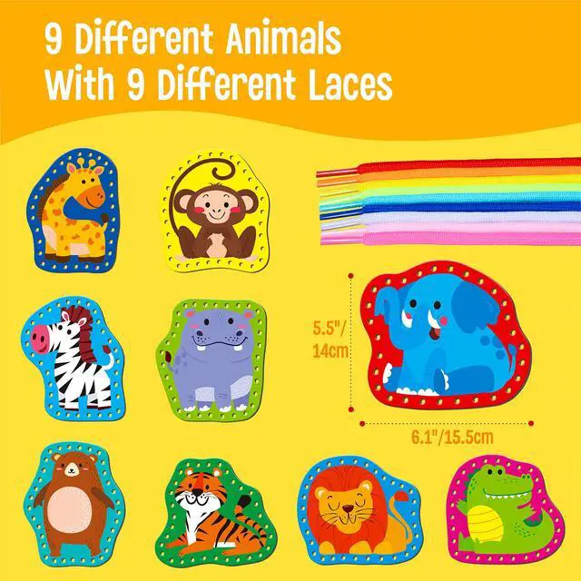 Alt view image 2 of 7 - SpriteGru 9 Pieces Kids Lacing Cards, Double Sided Sewing Cards in 9 Wild Animals with 9 Colorful Laces, Imagination Development Lacing Toys Games for Children Educational and Learning Activity