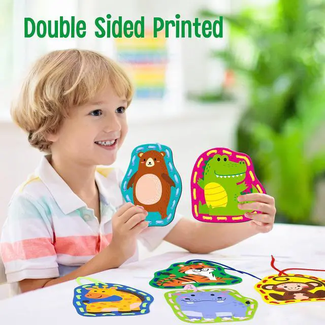 Alt view image 4 of 7 - SpriteGru 9 Pieces Kids Lacing Cards, Double Sided Sewing Cards in 9 Wild Animals with 9 Colorful Laces, Imagination Development Lacing Toys Games for Children Educational and Learning Activity