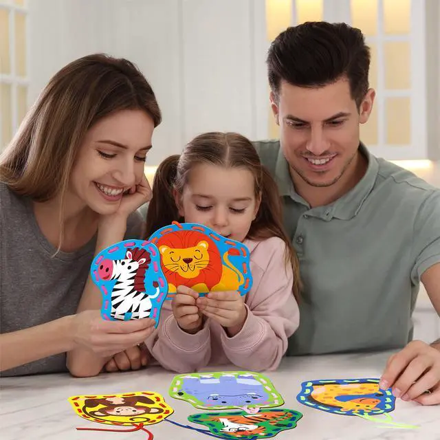 Alt view image 7 of 7 - SpriteGru 9 Pieces Kids Lacing Cards, Double Sided Sewing Cards in 9 Wild Animals with 9 Colorful Laces, Imagination Development Lacing Toys Games for Children Educational and Learning Activity