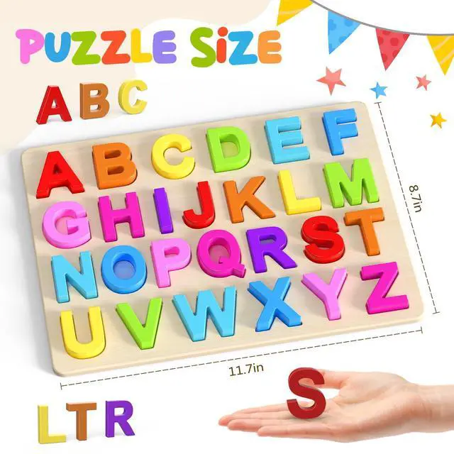 Alt view image 2 of 7 - Zeoddler Alphabet Puzzles, Wooden Puzzles for Toddlers, ABC Shape Puzzles for Kids, Preschool Learning Activities, Gift for Girls Boys