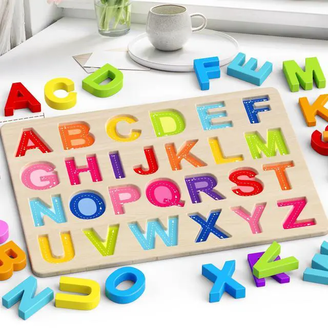 Alt view image 3 of 7 - Zeoddler Alphabet Puzzles, Wooden Puzzles for Toddlers, ABC Shape Puzzles for Kids, Preschool Learning Activities, Gift for Girls Boys